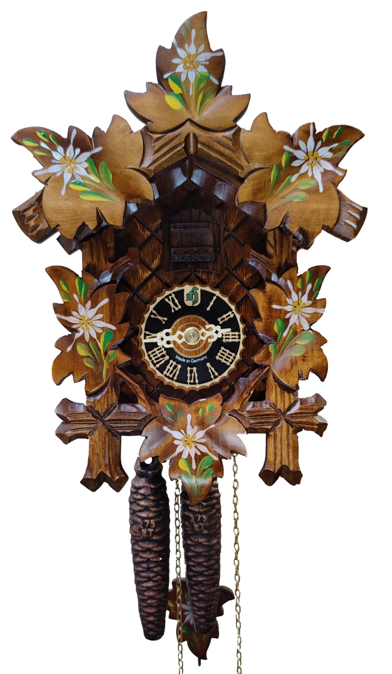 KU1002ed - 1 Day 5 Leaf Cuckoo Clock With Painted Edelweiss Flowers