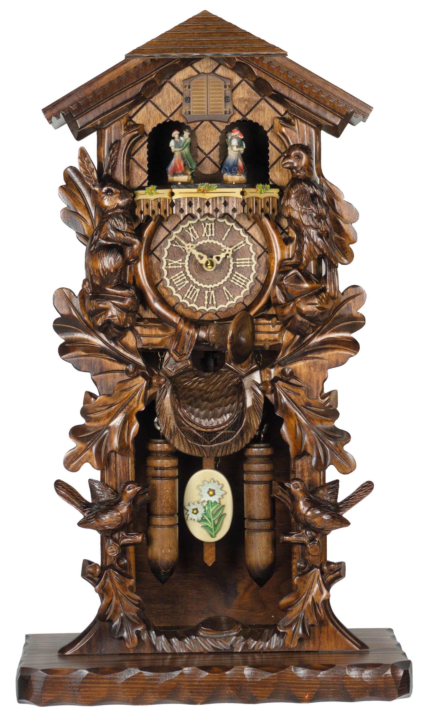 KU386QMT Quartz Musical Mantle Cuckoo Clock with Hunter Carving and