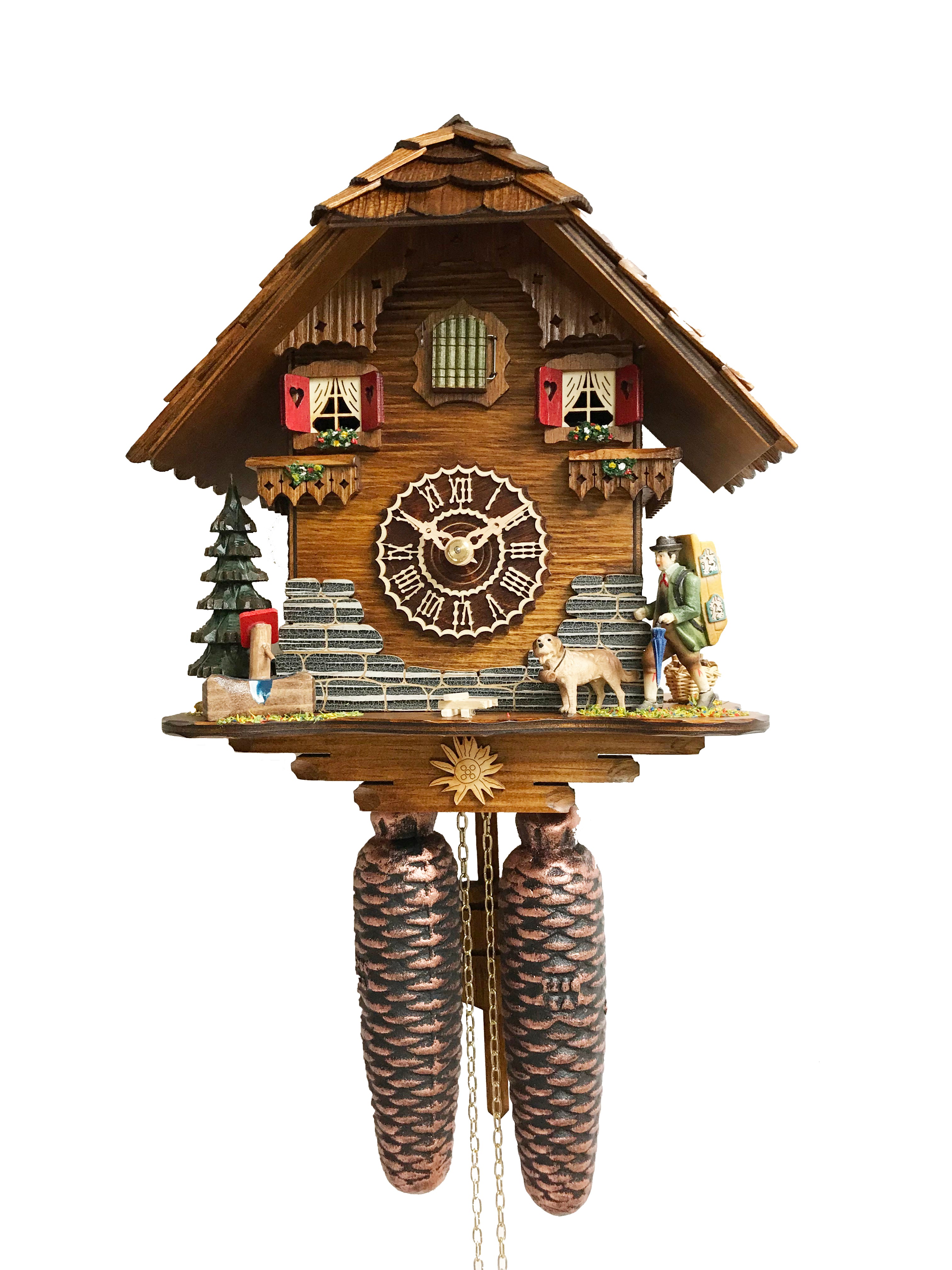 KU8501 8 Day Chalet Cuckoo with Clock Peddler and Dog Frankenmuth