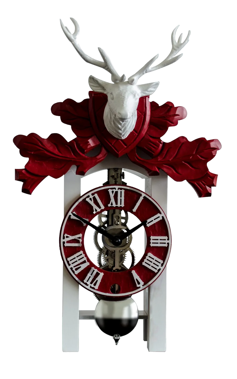 23032-000721 - White & Red Skeleton Mantle Clock w/ Deer & Leaves (Nickel Movement)