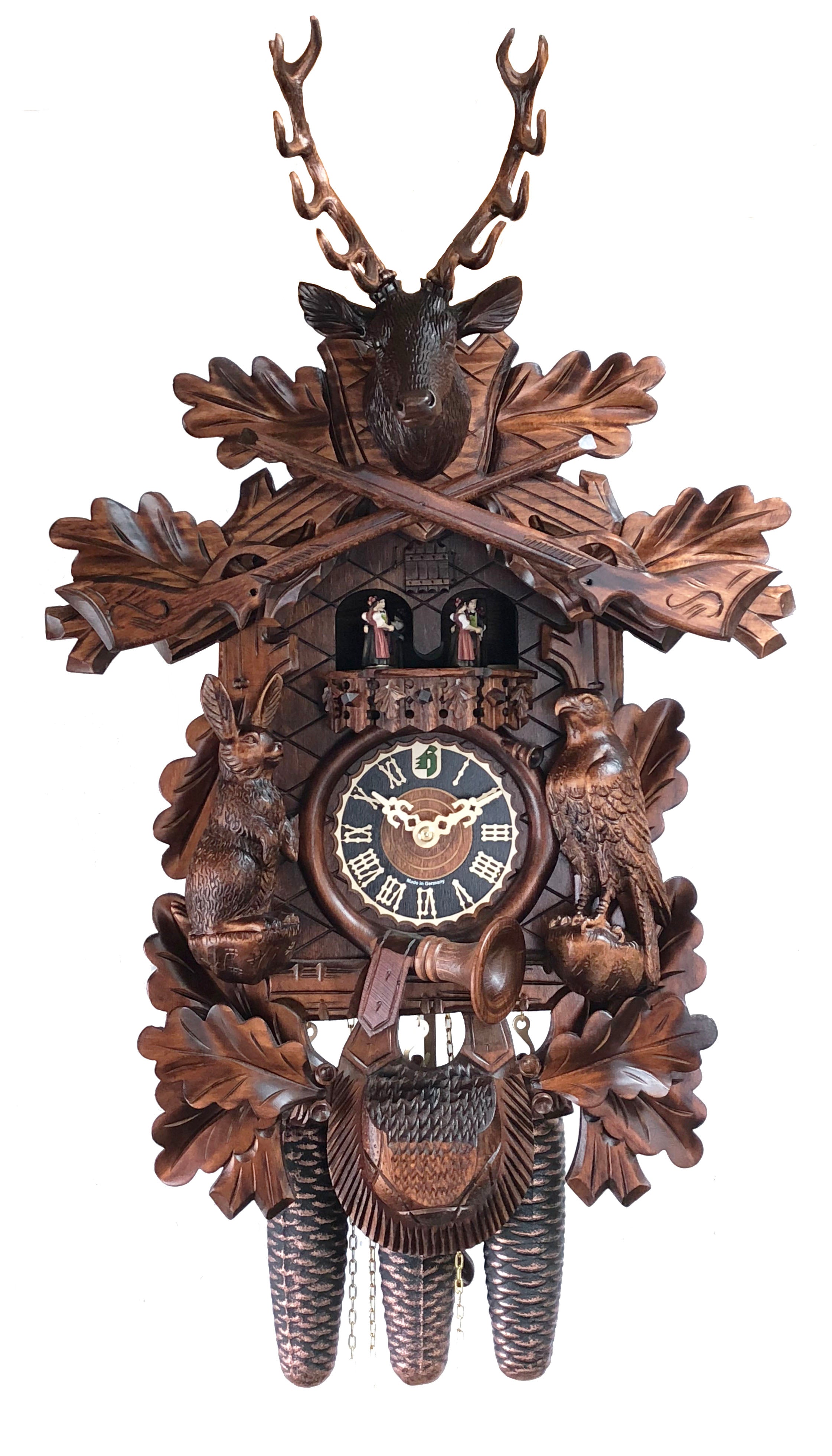 KU8345M 8 Day Cuckoo Live Animal Hunter Frankenmuth Clock & German